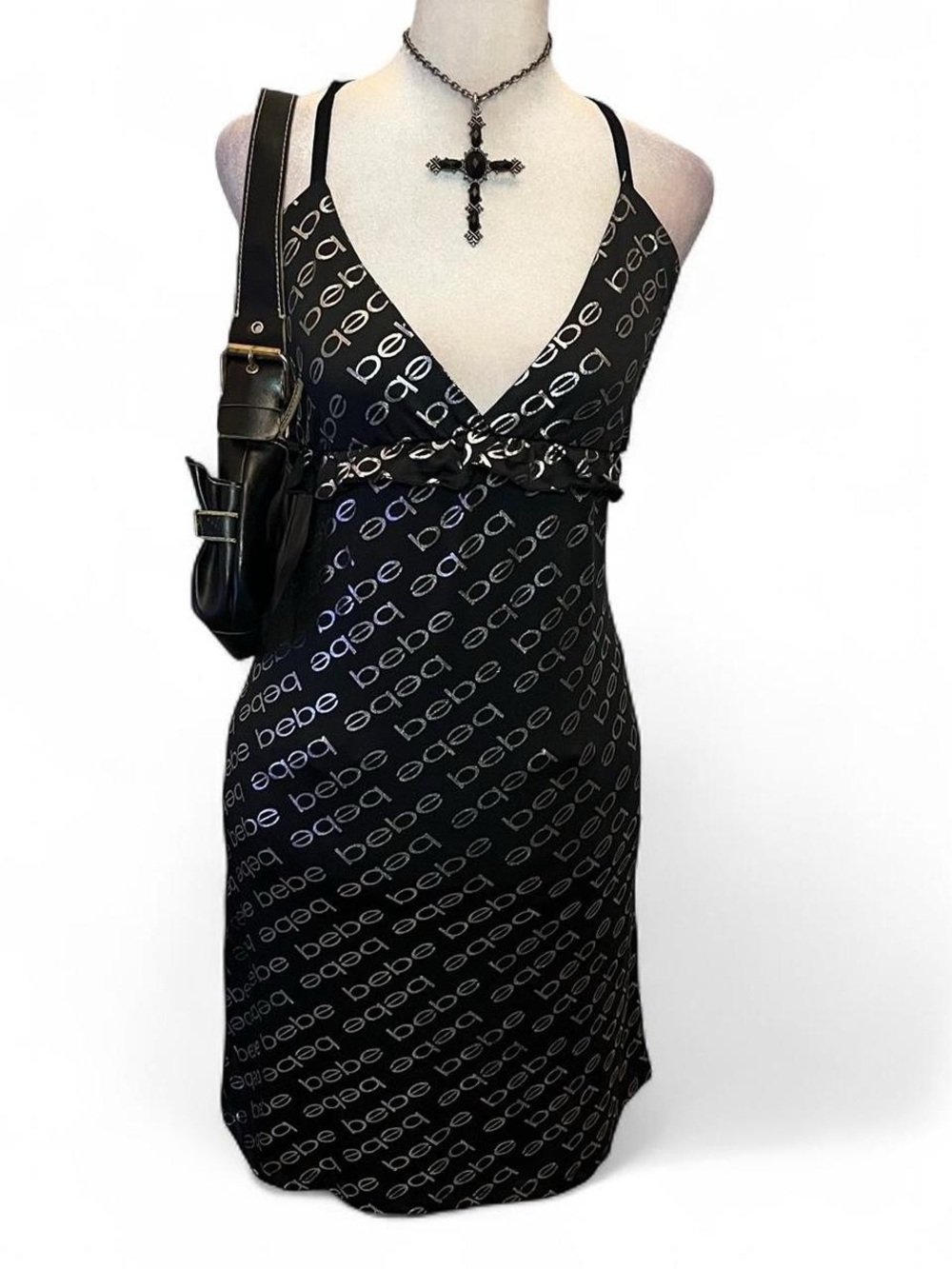 Black and silver bebe Black Logo V-Neck Slip Dress